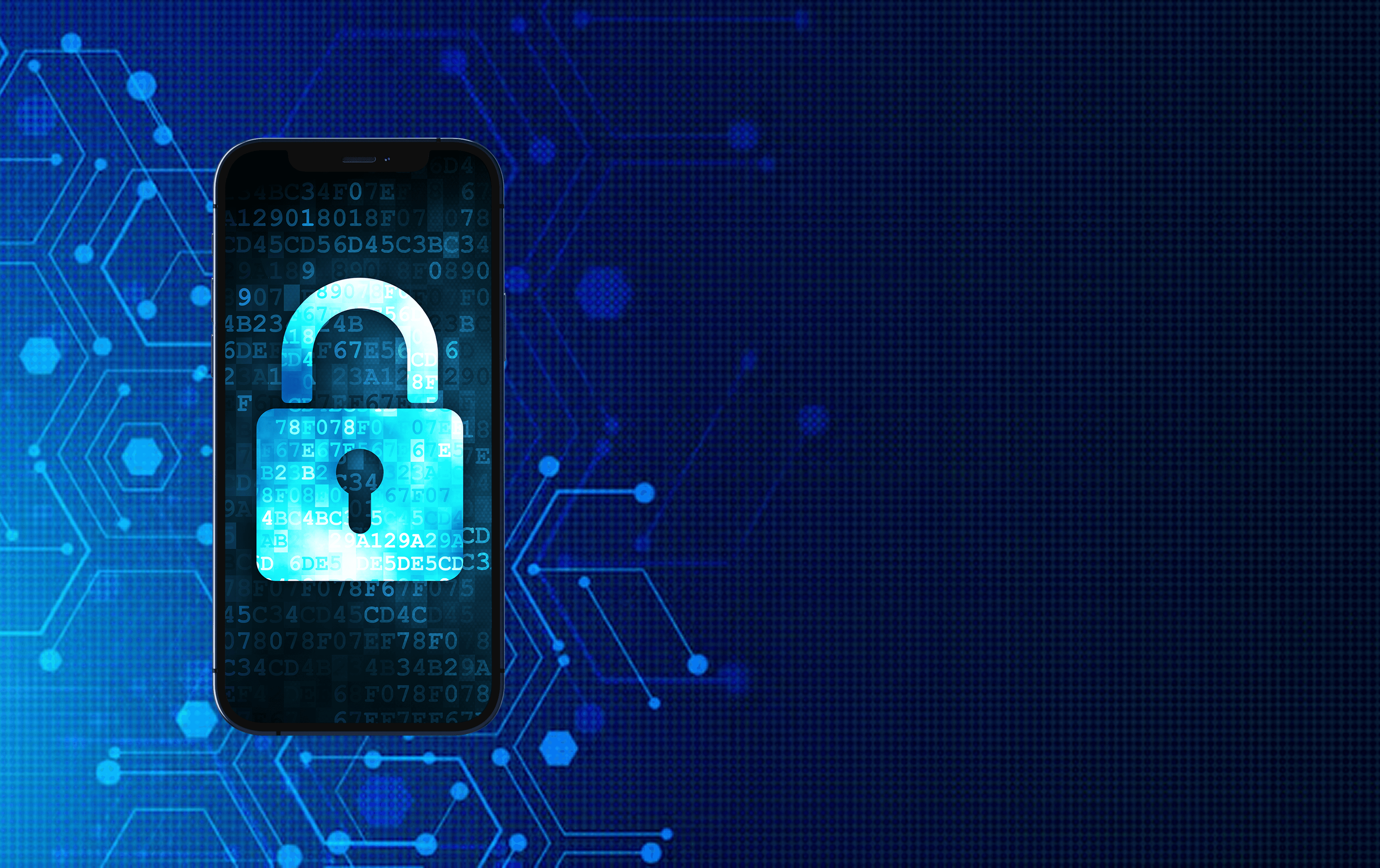 Phone displaying a digital lock over a cybersecurity background