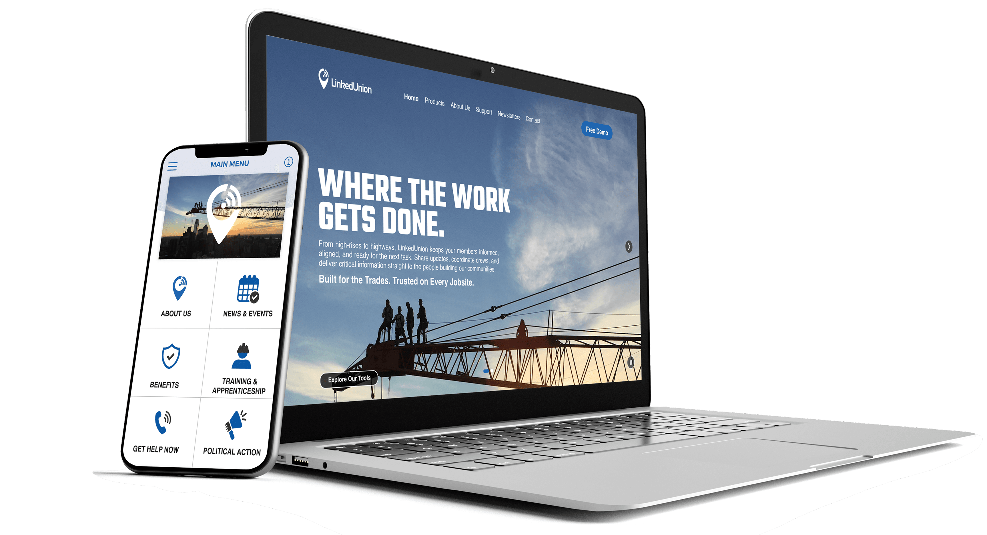 LinkedUnion mobile app and dashboard mockup