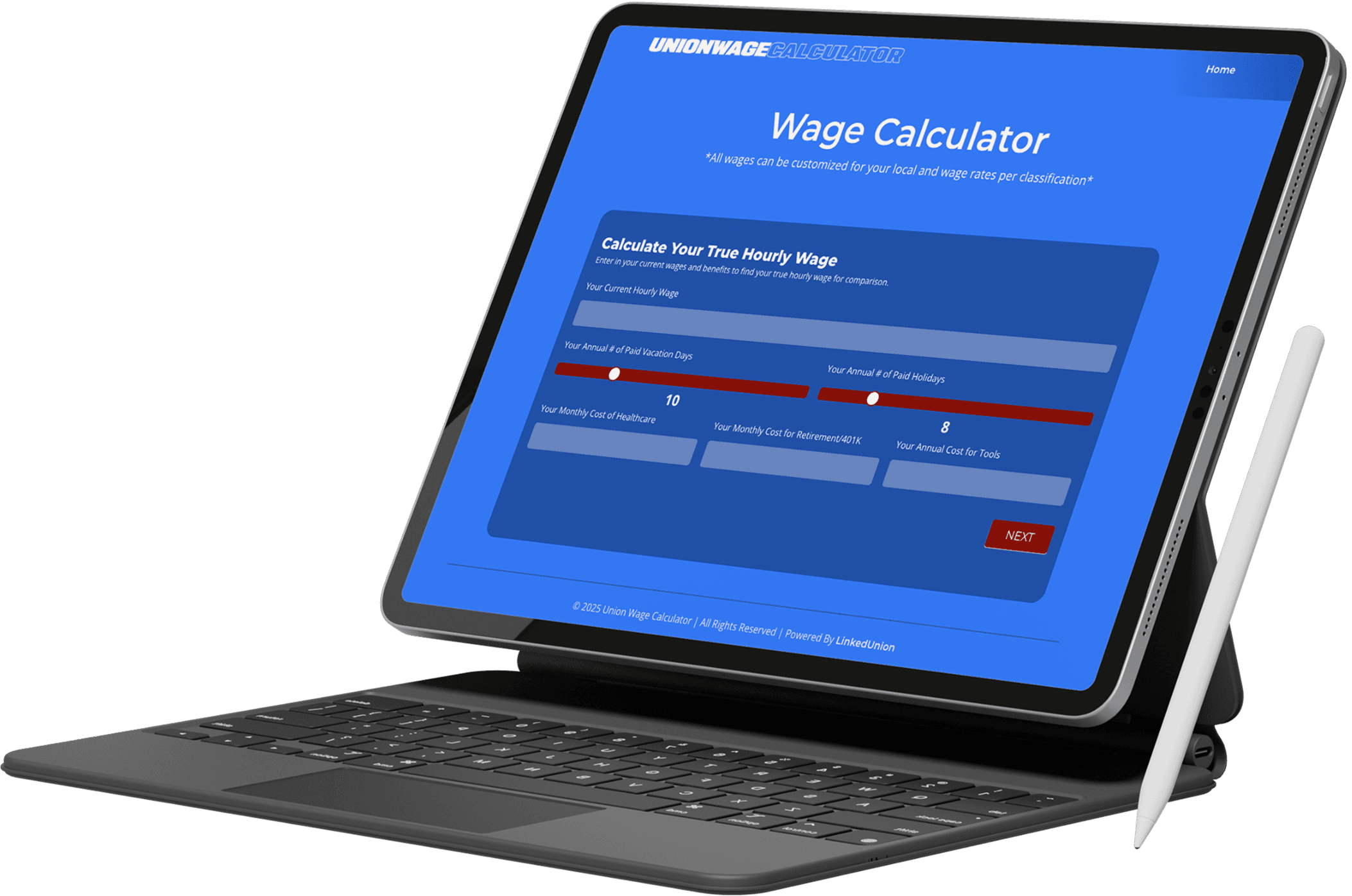 Wage calculator on tablet for union organizing