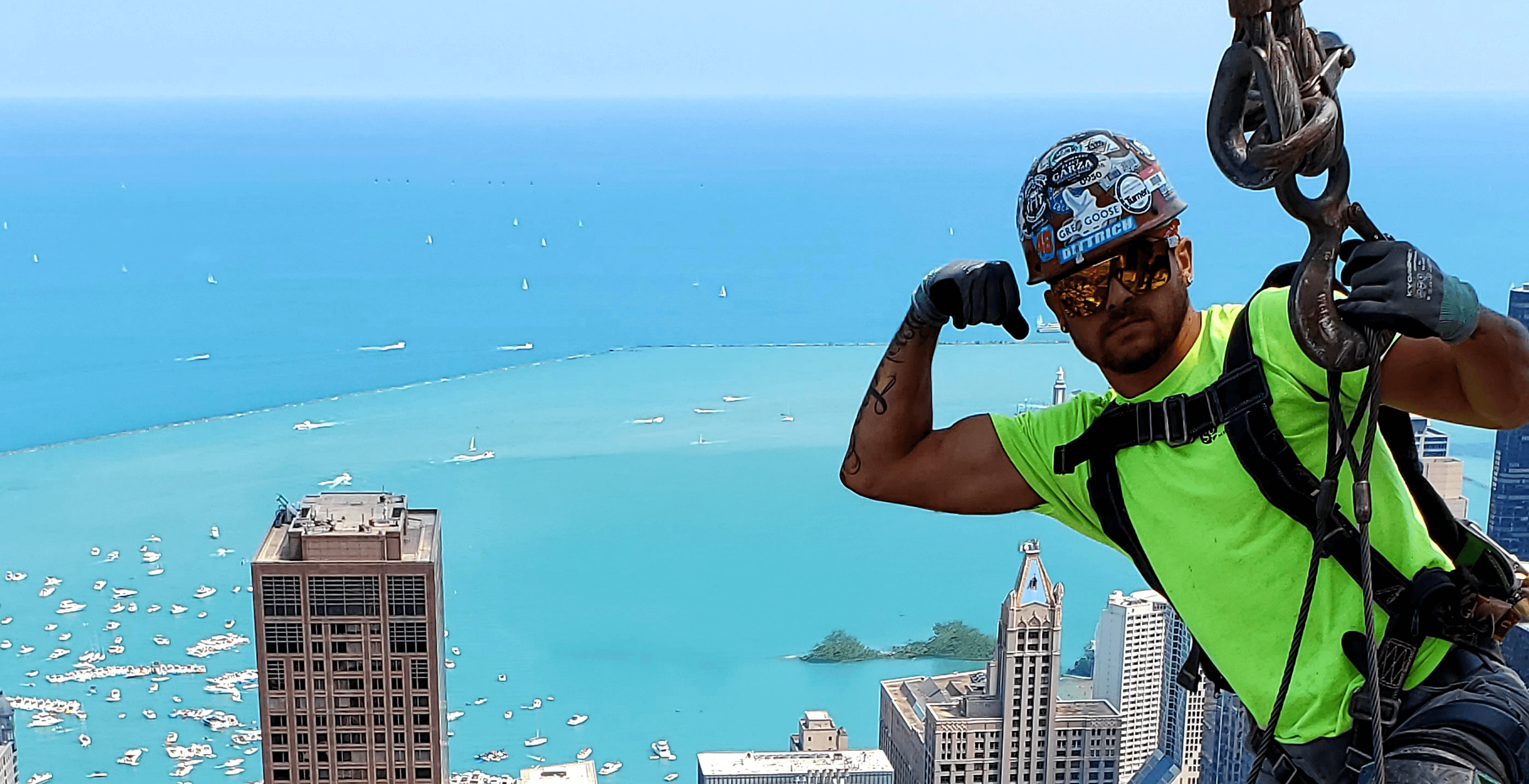 Union worker with city skyline in the background