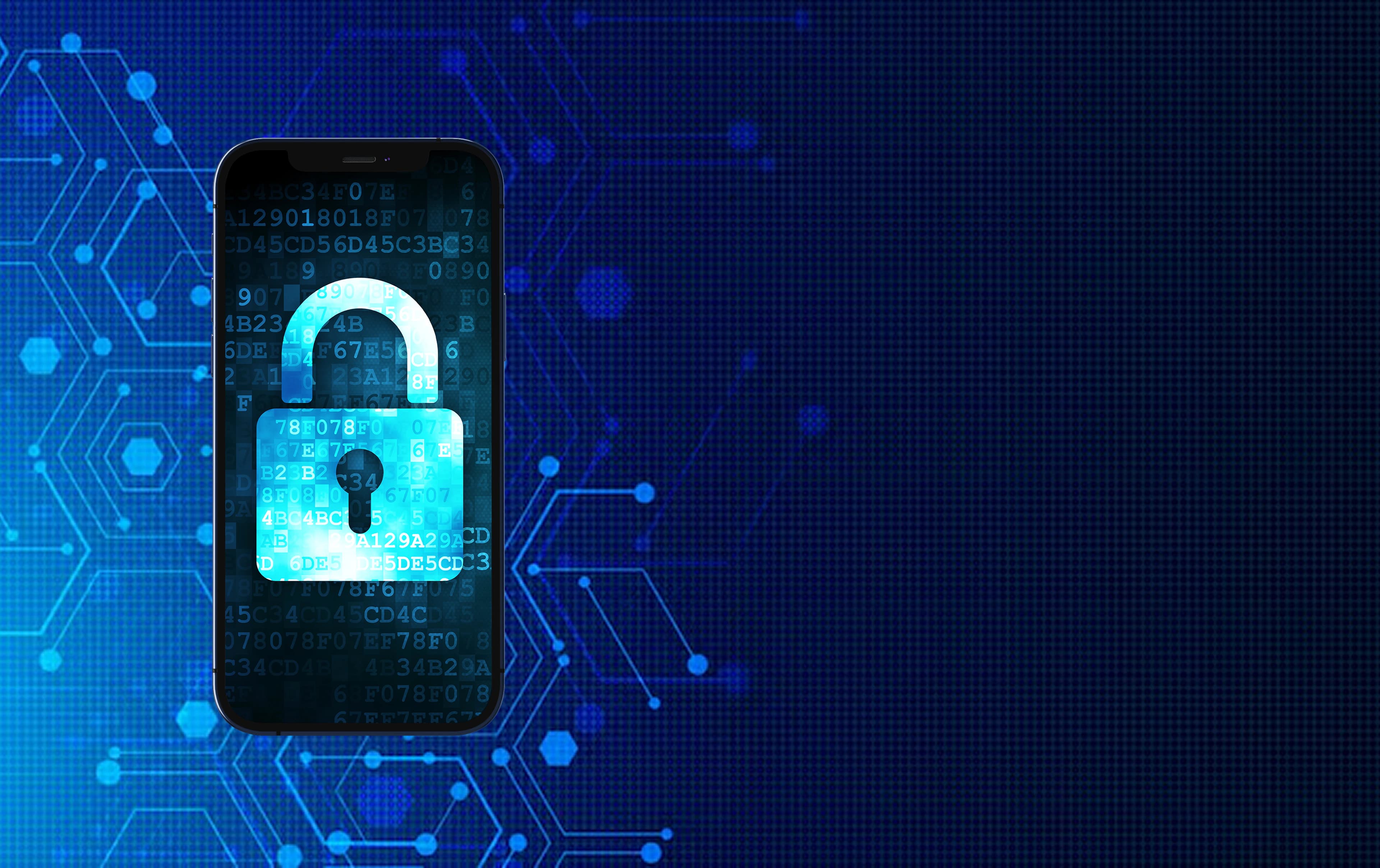 Phone displaying a digital lock over a cybersecurity background