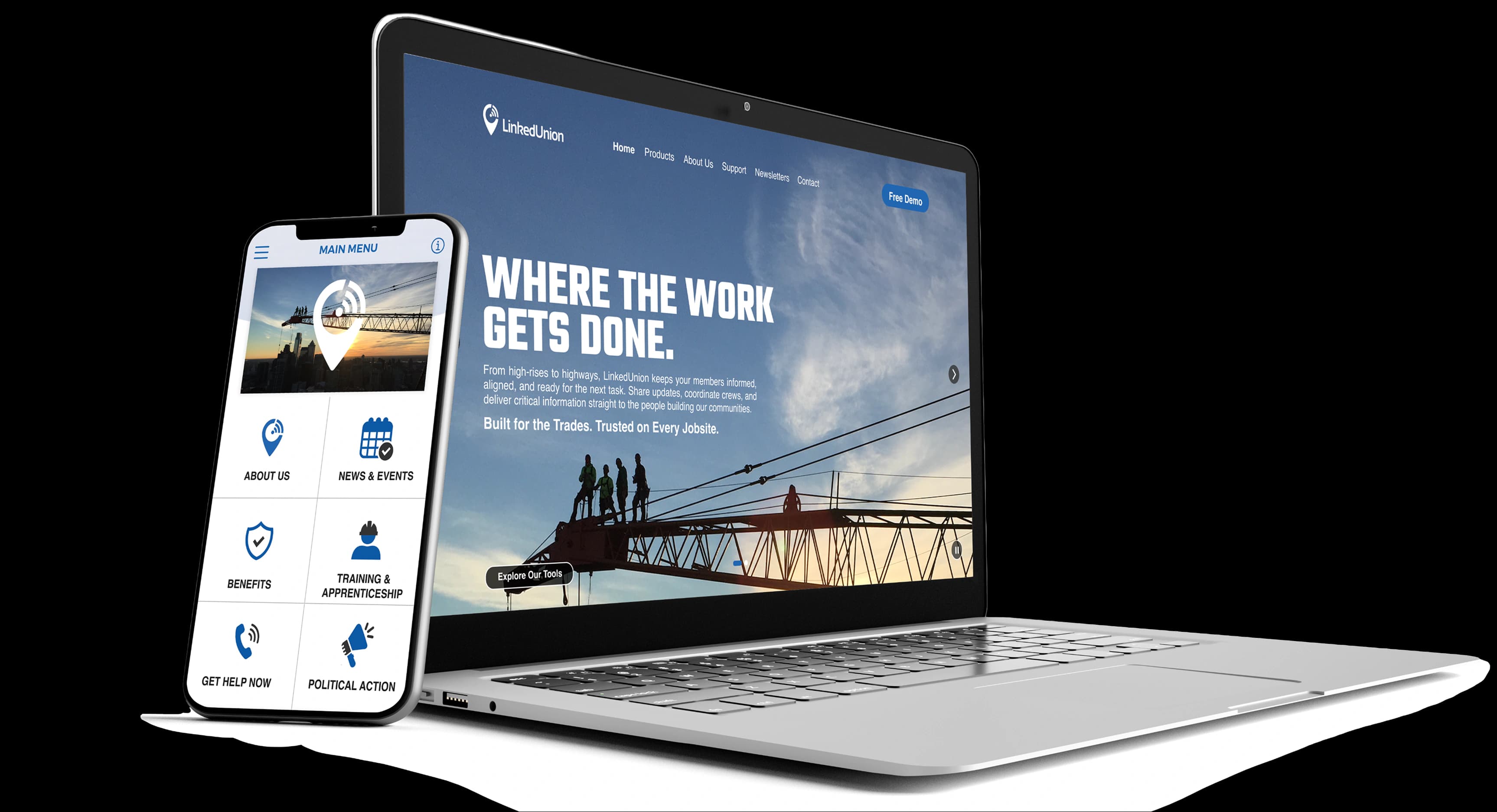 LinkedUnion mobile app and dashboard mockup