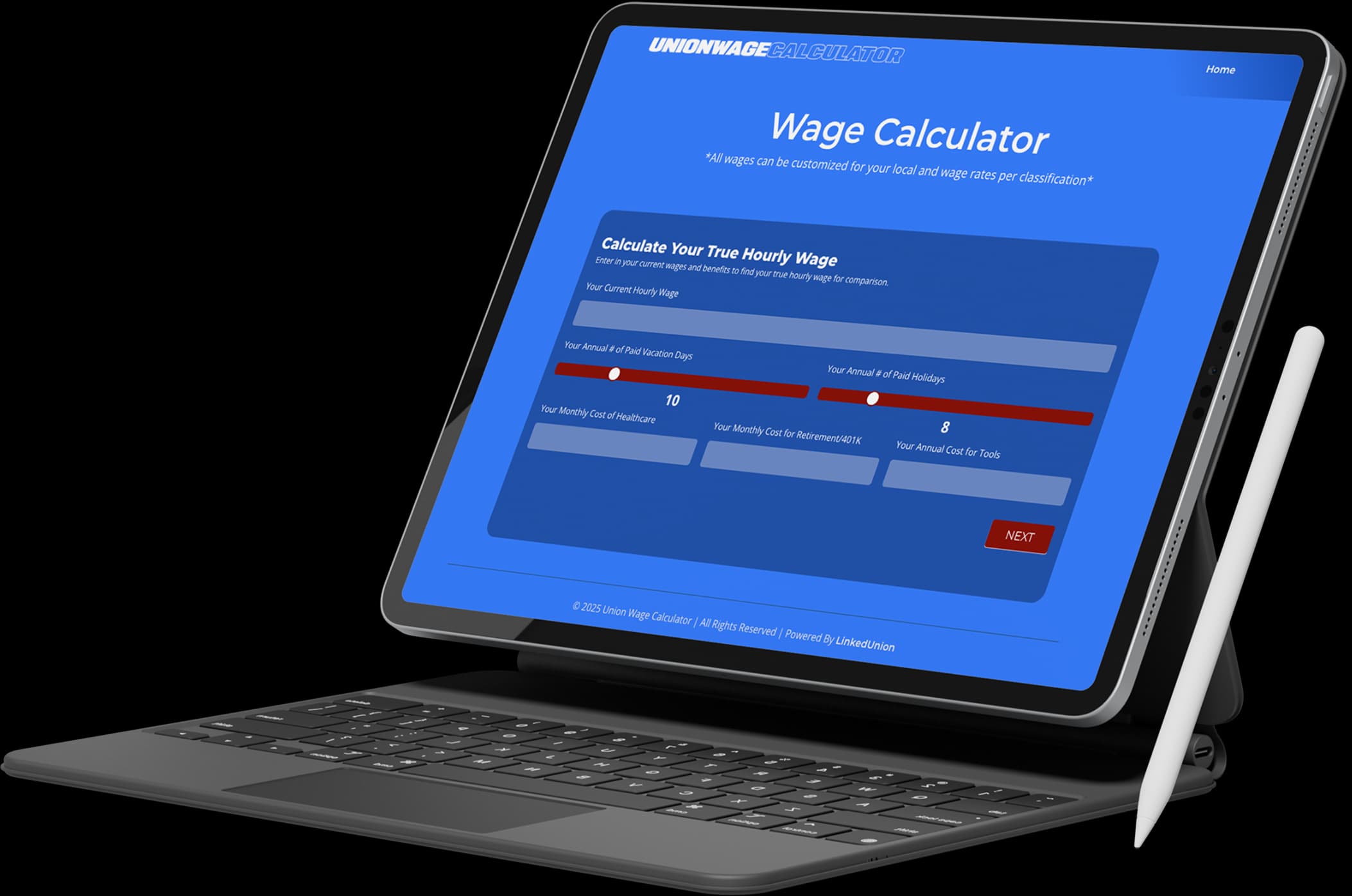 Wage calculator on tablet for union organizing